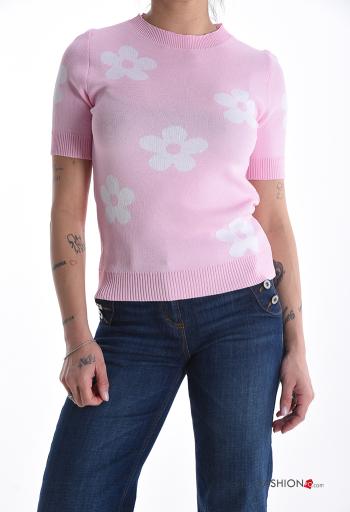 Blumenmuster kurze ärmel u-boot ausschnitt Strickpullover - ph 1