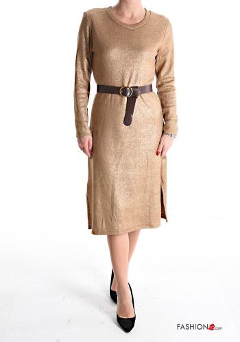 Vestido manga larga cuello redondo De lurex por la rodilla con cinturón