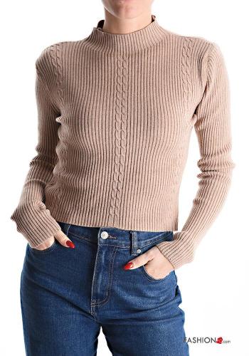 Maglione maniche lunghe costine corto a collo alto