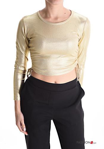 long sleeve crew neck metallic Top with drawstring - ph 1