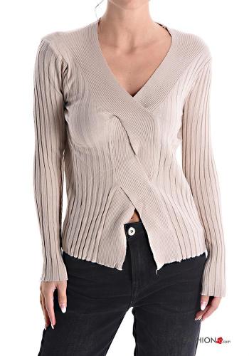 Ribbed long sleeve Sweater with v-neck with knot - ph 1