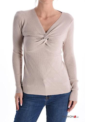 Jersey canalé manga larga con cuello en v con nodo