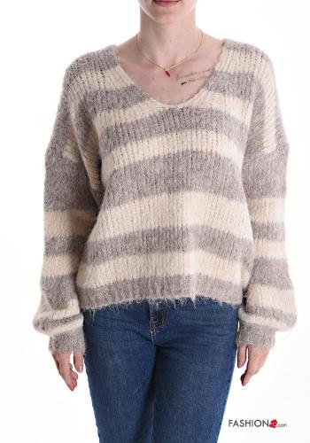 Jersey de Mezcla de Lana manga larga a rayas con cuello en v