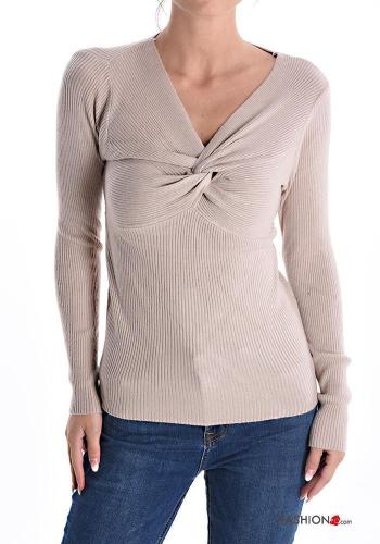Maglione costine maniche lunghe scollo a V con nodo - ph 1