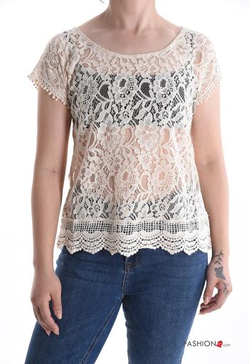 Top girocollo pizzo maniche corte Fantasia ricamata - ph 1
