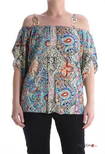 Patterned short sleeve Top bardot neckline