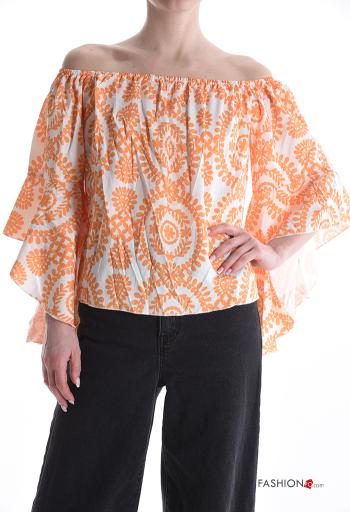 Batik print ruffle sleeve Blouse with elastic bardot neckline 3/4 sleeve