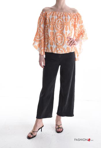Blusa maniche volant Fantasia batik maniche a tre quarti con elastico scollo alla bardot - ph 5
