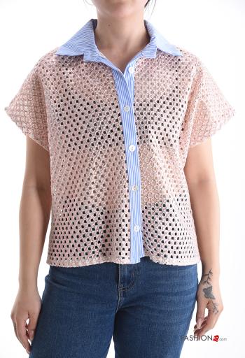 short sleeve with collar fishnet Shirt with buttons