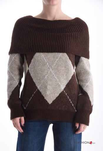 Geometric pattern long sleeve Mohair Sweater bardot neckline - ph 1