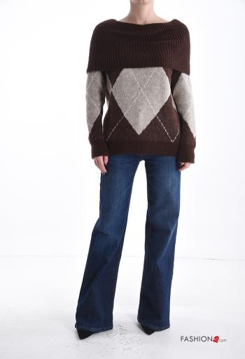 Geometric pattern long sleeve Mohair Sweater bardot neckline - ph 5