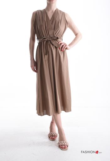 sleeveless Cotton Dress with v-neck with fabric belt