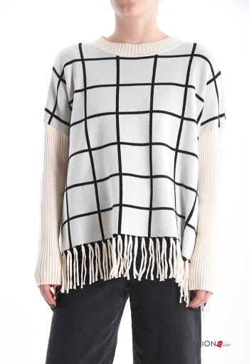 Vichy long sleeve crew neck Sweater with fringe