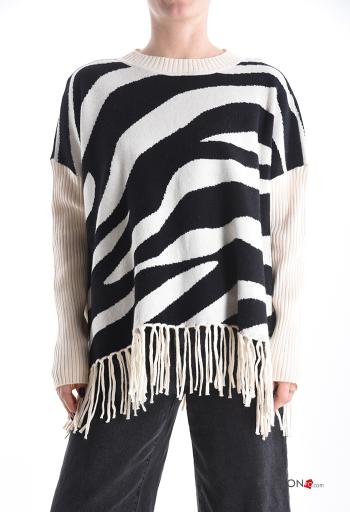 Animal print long sleeve crew neck Sweater with fringe