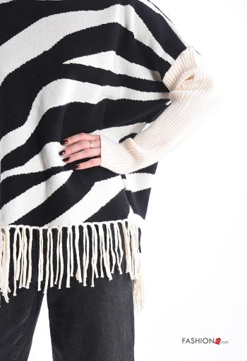 Animal print long sleeve crew neck Sweater with fringe - ph 4