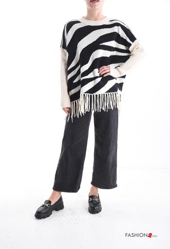 Animal print long sleeve crew neck Sweater with fringe - ph 5