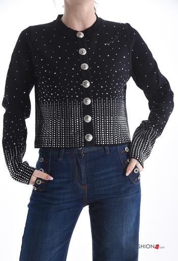 Cardigan maniche lunghe girocollo con bottoni con strass