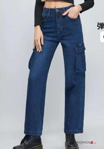 Jeans in Cotone vita alta con tasche con bottoni con zip