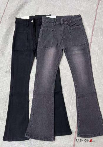 flared Cotton Jeans with buttons with zip with pockets