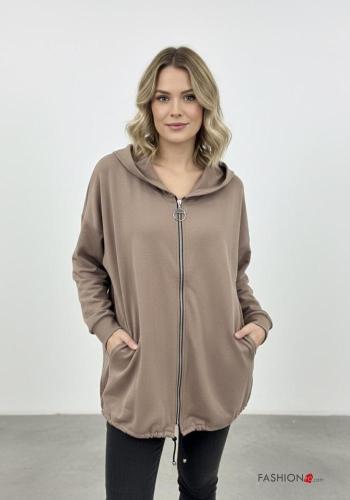 Felpa in Cotone con zip con tasche con cappuccio
