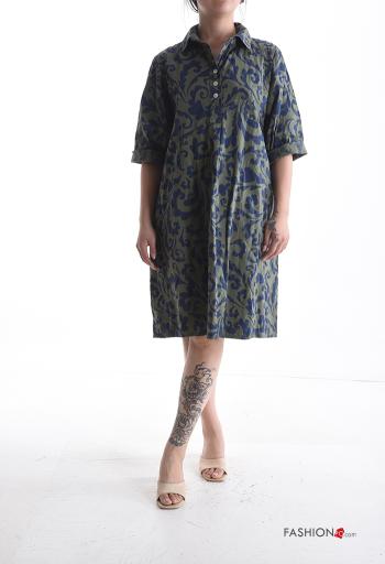 Abstract print with collar Cotton Dress with buttons 3/4 sleeve with pockets