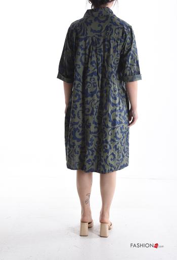 Abstract print with collar Cotton Dress with buttons 3/4 sleeve with pockets - ph 2