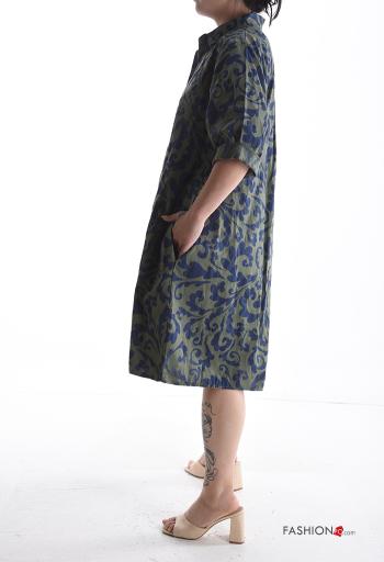 Abstract print with collar Cotton Dress with buttons 3/4 sleeve with pockets - ph 3