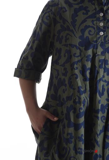 Abstract print with collar Cotton Dress with buttons 3/4 sleeve with pockets - ph 4