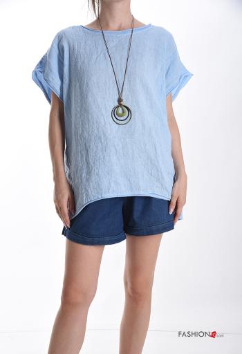 short sleeve crew neck Linen T-shirt with necklace