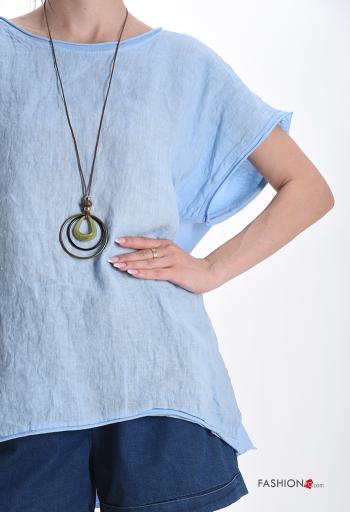 short sleeve crew neck Linen T-shirt with necklace - ph 4