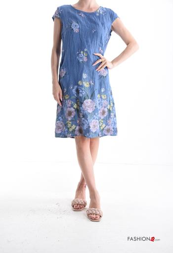 Blumenmuster kurze ärmel u-boot ausschnitt knielanger Kleid aus Leinen - ph 1