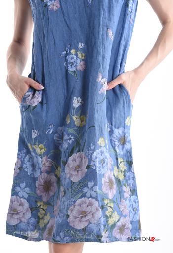 Blumenmuster kurze ärmel u-boot ausschnitt knielanger Kleid aus Leinen - ph 4